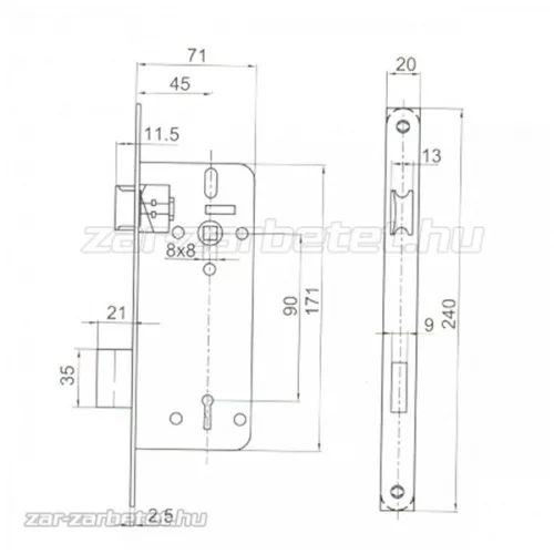 Anbo 410 45/90 bevésőzár kulcsos szögletes