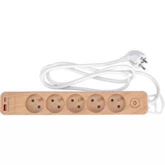   STHOR 72344 Fa hatású elosztó földeléssel, 5 aljzattal, USB-vel, 1,4 m kábellel (3x1 mm²)