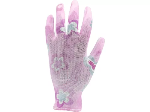 FLO 74125 Kertészkesztyű Rózsaszín Virágmintával 8-As, Pu Bevonattal.