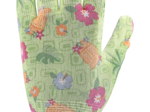 FLO 74127 Kertészkesztyű Zöld Virágmintával 8-As, Pu Bevonattal.