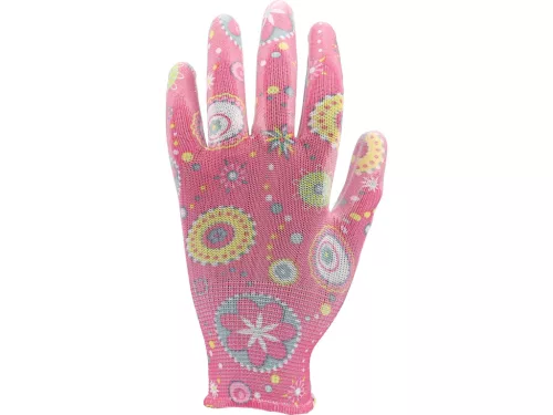 FLO 74132 Kertészkesztyű Rózsaszín Mintával 9-Es, Pu Bevonattal.