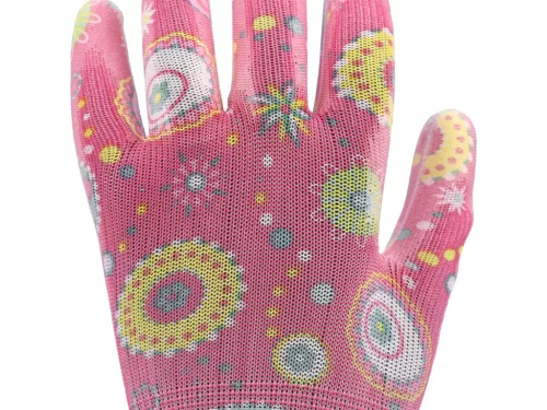 FLO 74132 Kertészkesztyű Rózsaszín Mintával 9-Es, Pu Bevonattal.