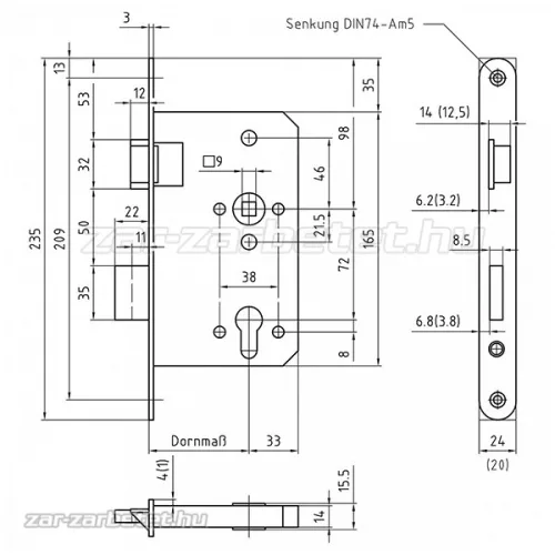 BMH 1000 PZW bevésőzár 65/72 balos, rozsdamentes
