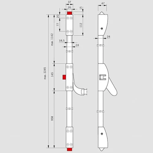 Dorma pánikzár szett (1szárnyú, 3pontos, menekülési, lent fent függőleges, középen oldalra zárás, max.2270, Fix gombbal)