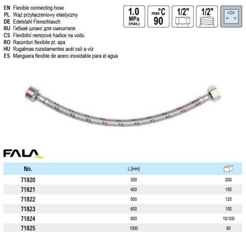 FALA71824 Flexibilis bekötőcső 1/2" x 1/2" 800 mm belső-külső