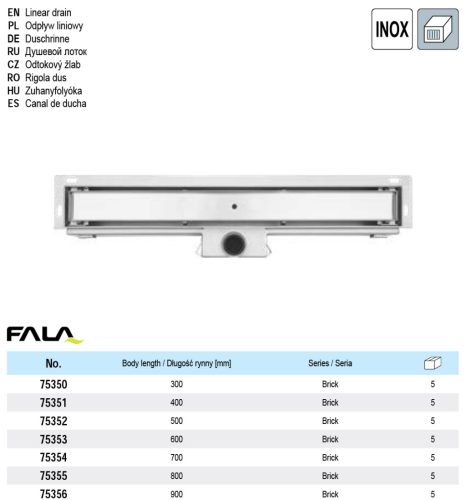 FALA75356 Fali zuhanylefolyó 900 mm Brick