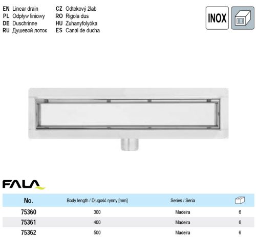 FALA75360 Zuhanylefolyó 300 mm Madeira inox