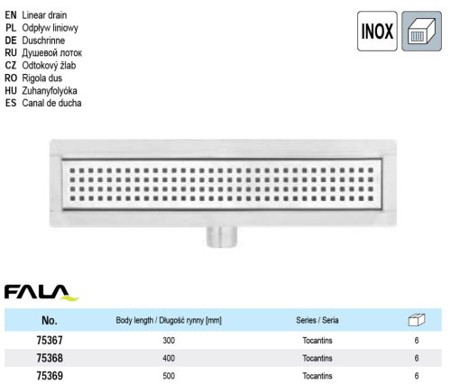 FALA75368 Zuhanylefolyó 400 mm Tocantins inox