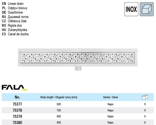 FALA75380 Zuhanylefolyó 900 mm Napo inox
