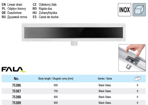 FALA75389 Zuhanylefolyó 900 mm Black Glass inox