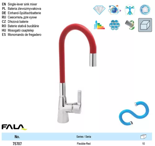 FALA75707 Mosogató csaptelep piros flexibilis csővel + tartozékok