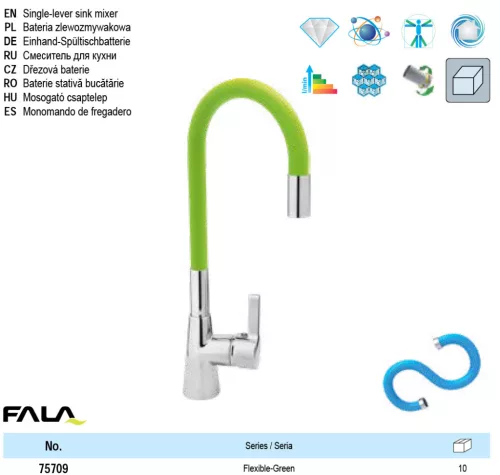 FALA75709 Mosogató csaptelep zöld flexibilis csővel + tartozékok
