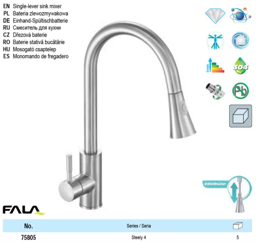 FALA75805 Mosogató csaptelep + tartozékok inox Steely4