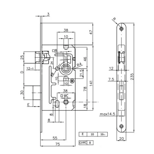 Metalplast S110 55/78 toalett bevésőzár jobbos