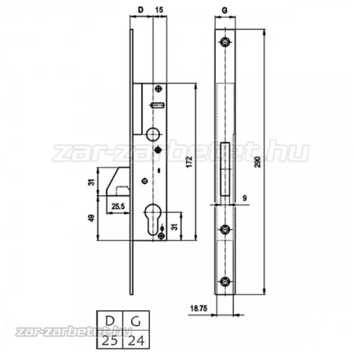 Euro Elzett Vektor 25/24 billenőreteszes portálzár kil. nélk.