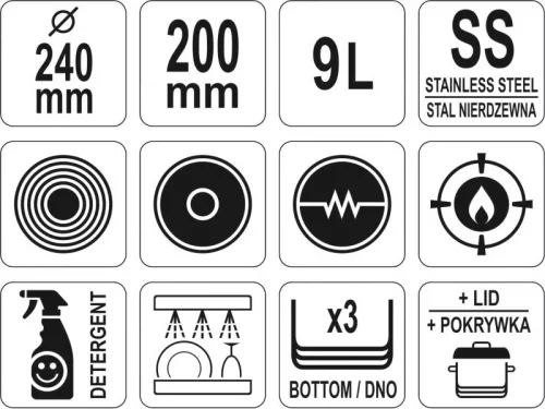 YATO YG-00003 GASTRO Fazék fedővel 9 liter 240 x 200 mm inox