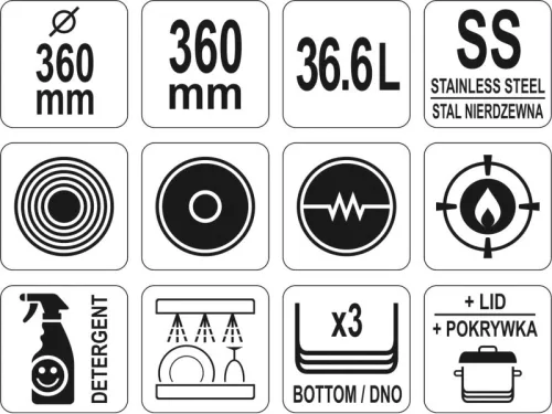 YATO YG-00007 GASTRO Fazék fedővel 36,6 liter 360 x 360 mm inox