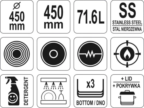 YATO YG-00009 GASTRO Fazék fedővel 71,6 liter 450 x 450 mm inox