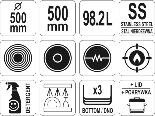 YATO YG-00010 GASTRO Fazék fedővel 98,2 liter 500 x 500 mm inox