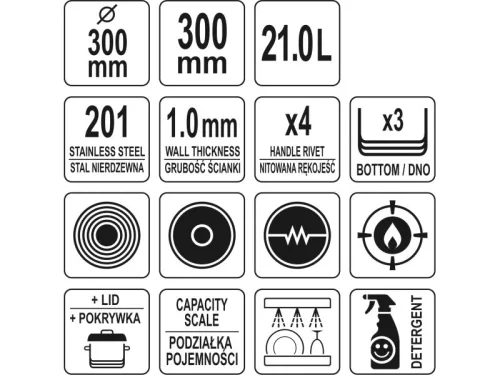 YATO YG-00014 GASTRO Fazék fedővel 21 liter 300 x 300 mm inox