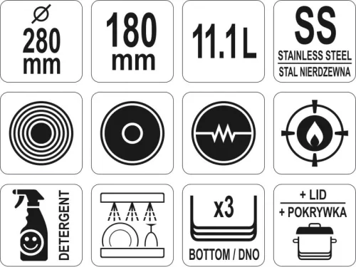 YATO YG-00024 GASTRO Lábas fedővel 11,1 liter 280 x 180 mm inox