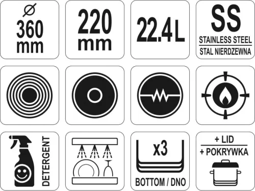 YATO YG-00026 GASTRO Lábas fedővel 22,4 liter 360 x 220 mm inox