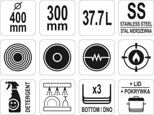YATO YG-00027 GASTRO Lábas fedővel 37,7 liter 400 x 300 mm inox