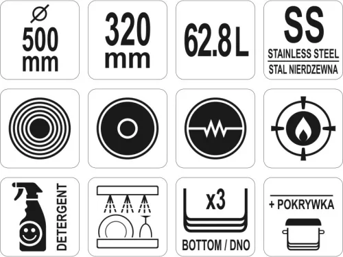 YATO YG-00029 GASTRO Lábas fedővel 62,8 liter 500 x 320 mm inox