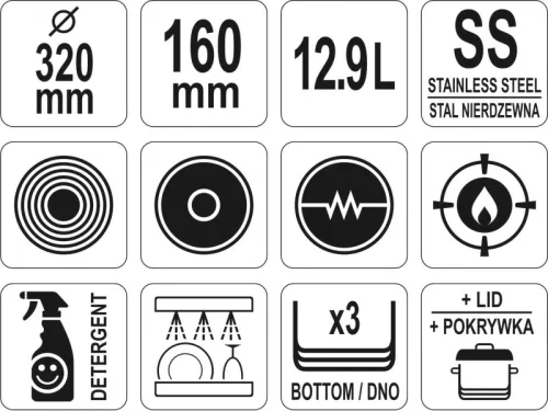 YATO YG-00043 GASTRO Lábas fedővel 12,9 liter 320 x 160 mm inox