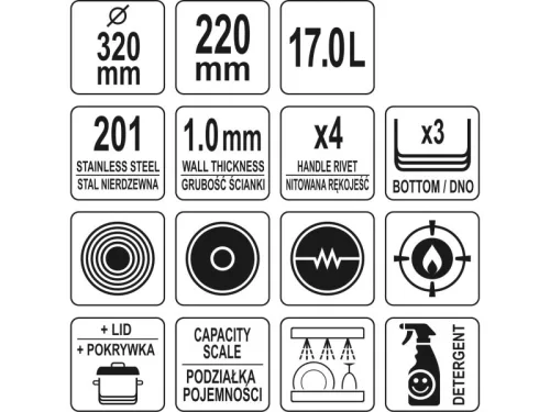 YATO YG-00048 GASTRO Fazék fedővel 17 liter 320 x 220 mm inox