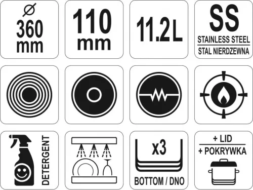 YATO YG-00055 GASTRO Lábas fedővel 11,2 liter 360 x 110 mm inox