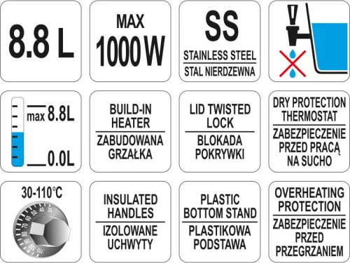 YATO YG-04301 GASTRO Ital melegentartó 8,8 liter 900-1000 W inox