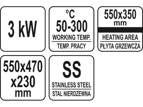 YATO YG-04585 GASTRO Grill 550 mm 3000 W lapos sütőlap