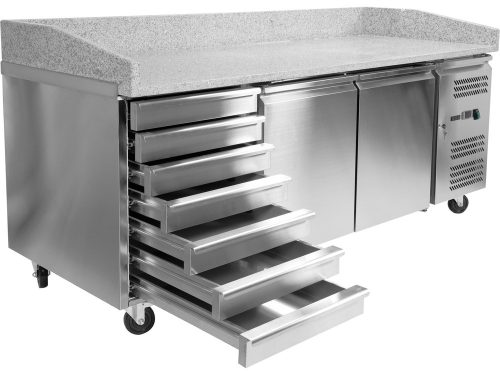 YATO YG-05310 Kétajtós hétfiókos bővíthető rozsdamentes hűtött pizzaasztal 580L 2025x800x1000mm