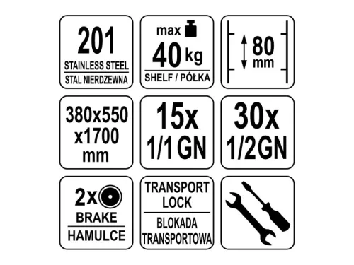 YATO YG-09070 GASTRO Regál kocsi 15 x 1/1 GN edény