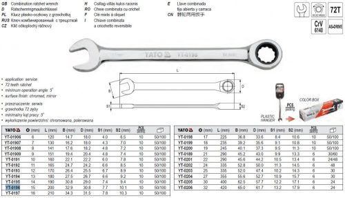 YATO YT-0196 Racsnis csillag-villáskulcs 15 mm / 200 mm 72T CrV