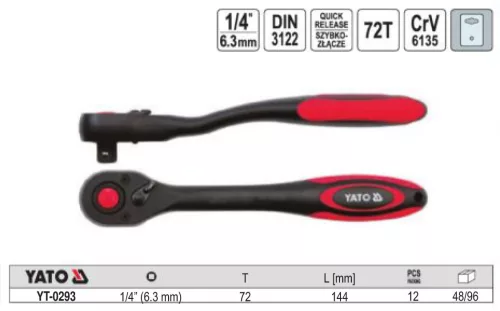 YATO YT-0293 Racsnis hajtószár 1/4" 144 mm 72T hajlított szár CrV
