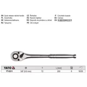 YATO YT-0311 Racsnis hajtószár 3/8" 200 mm 72T CrV