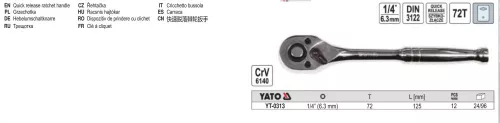 YATO YT-0313 Racsnis hajtószár 1/4" 125 mm 72T CrV