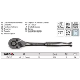   YATO YT-0315 Racsnis hajtószár 1/2" 250 mm 72T egyenes szár CrV