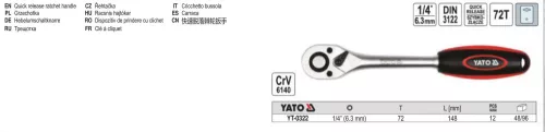 YATO YT-0322 Racsnis hajtószár 1/4" 148 mm 72T CrV