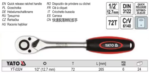 YATO YT-0324 Racsnis hajtószár 1/2" 265 mm 72T egyenes szár CrV