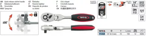 YATO YT-0325 Racsnis hajtószár 1/4" 159 mm 72T csuklós ±90° egyenes szár CrV