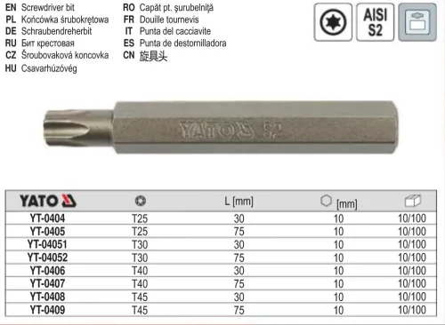YATO YT-0409 Bithegy Torx T45 75 mm S2