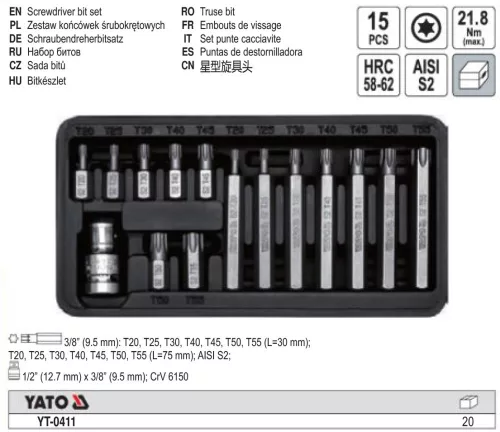 YATO YT-0411 Torx bit készlet 15 részes 1/2": T20-T55