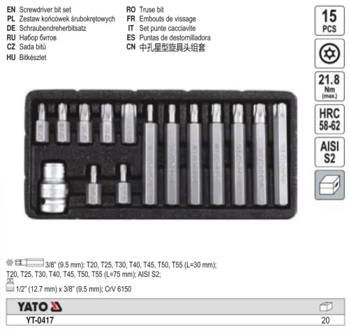 YATO YT-0417 Torx készlet 15 részes tamperproof T20-T55 L=30 mm, L=75 mm 1/2"