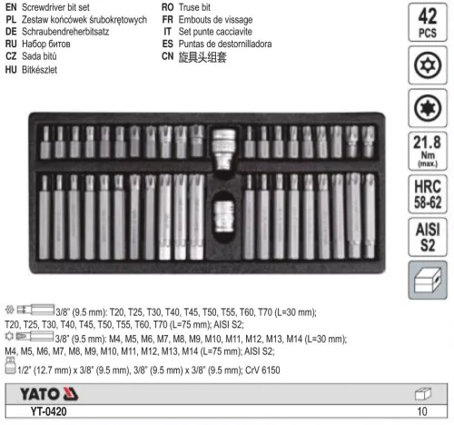 YATO YT-0420 Torx bit készlet 42 részes (1/2" T20-T70+RIBE)