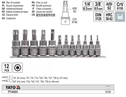 YATO YT-04331 Bit dugókulcs készlet 12 részes Torx 1/4", 3/8" CrV