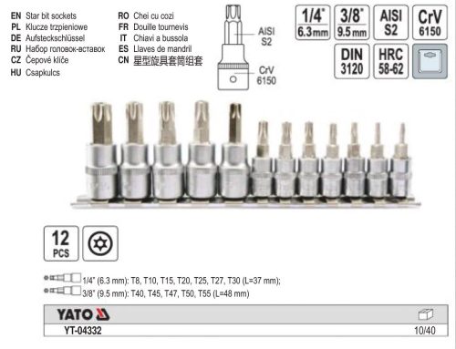 YATO YT-04332 Bit dugókulcs készlet 12 részes lyukas Torx 1/4", 3/8" CrV