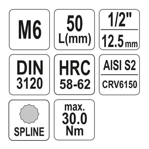YATO YT-04341 Bit dugókulcs Spline 1/2" M6 CrV